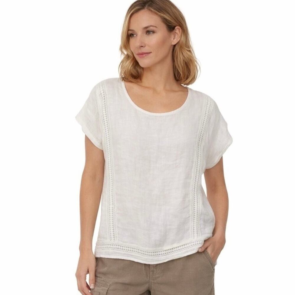 Alessia Pacini Women's Italian Linen White Crochet Lace Short Sleeve Blouse - L